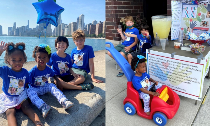 collage of kids sitting by lake and at a lemonade stand