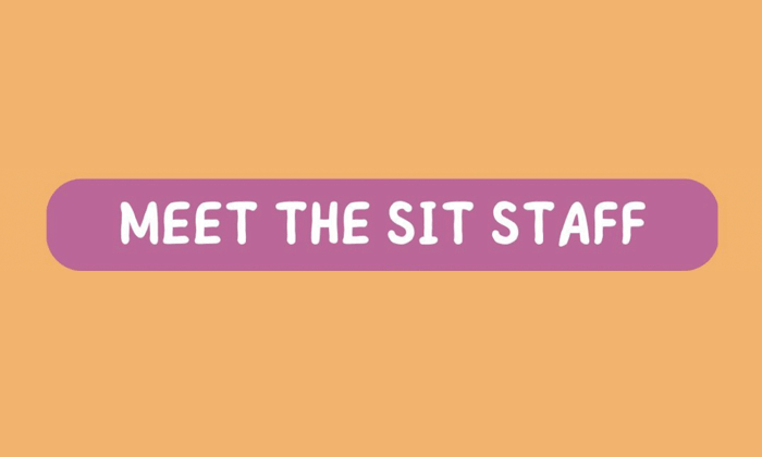 "meet the sit staff" in white text on pink and orange background